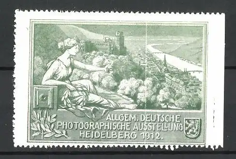 Reklamemarke Heidelberg, Allgemeine Deutsche Photgraphische Ausstellung 1912, Göttin am Stadtrand, Stadtwappen