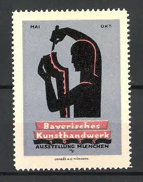 Künstler-Reklamemarke München, Ausstellung des Bayerischen Handwerks 1925, Mann beim Schnitzen einer Figur