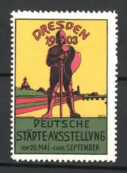 Künstler-Reklamemarke Dresden, Deutsche Städte-Ausstellung 1903, Ritter und Stadtsilhouette