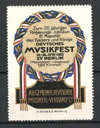Reklamemarke Berlin, Deutsches Musikfest & 25 jähr. Regierungs-Jubiläum d. Kaisers 1913, Allg. Deutscher Musiker-Verband
