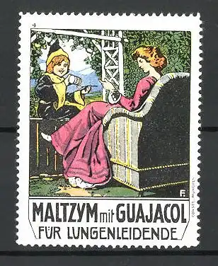 Künstler-Reklamemarke Maltzym-Kräftigungspräparat m. Guajacol für Lungenleidende, Münchner Kindl gibt einer Frau Medizin
