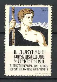 Künstler-Reklamemarke München, II. Juryfreie Kunstausstellung 1911, Mann mit Stab im Gewand