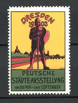 Künstler-Reklamemarke Dresden, Deutsche Städte-Ausstellung 1903, Ritter und Stadtlilhouette