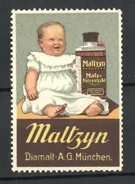 Reklamemarke Maltzyn Nährextrakt der Firma Diamalt AG, München, kleines Mädchen mit einer Flasche Maltzyn
