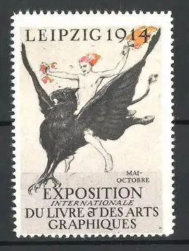 Reklamemarke Leipzig, Exposition Internationale du Livre & des Arts Graphiques 1914, nackter Bube mit Fackel auf Greif