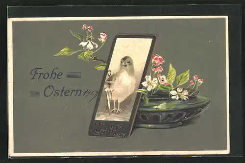Präge-AK Osterküken-Portrait auf einer Carte-de-Visite