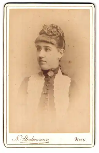 Fotografie N. Stockmann, Wien, Praterstrasse 10 und Währingerstrasse 18, Portrait junge Dame mit Hochsteckfrisur