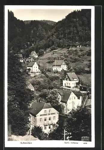 AK Schmilka / Sächs. Schweiz, Ortsansicht mit Blick auf Gasthaus zur Mühle