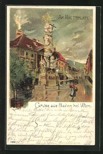 Künstler-AK Baden, Am Hauptplatz mit Denkmal