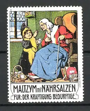 Reklamemarke Maltzym Kräftigungspräparat mit Nährsalzen für der Kräftigung Bedürftige, Münchner Kindl mit alter Dame