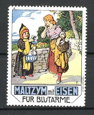 Künstler-Reklamemarke Maltzym Kräftigungspräparat mit Eisen für Blutarme, Münchner Kindl gibt einer Frau eine Dose