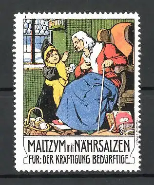 Reklamemarke Maltzym Kräftigungspräparat mit Nährsalzen für der Kräftigung Bedürftige, Münchner Kindl mit alter Dame
