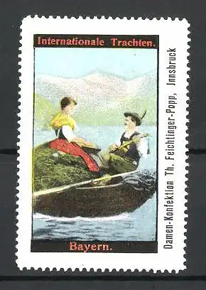 Reklamemarke Serie Internationale Trachten, Liebespaar mit Ruderboot in bayerischer Tracht