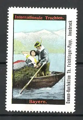 Reklamemarke Serie Internationale Trachten, Liebespaar mit Ruderboot in bayerischer Tracht