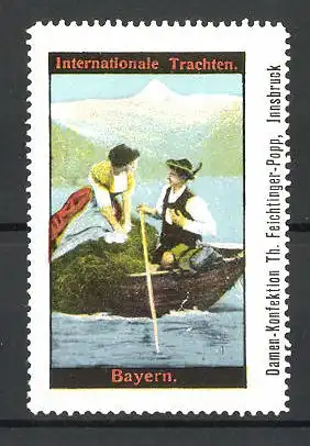 Reklamemarke Serie Internationale Trachten, Liebespaar mit Ruderboot in bayerischer Tracht