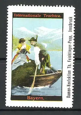 Reklamemarke Serie Internationale Trachten, Liebespaar mit Ruderboot in bayerischer Tracht