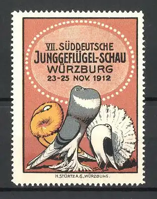 Reklamemarke Würzburg, VII. Süddeutsche Junggeflügel-Schau 1912, verschiedene Vögel