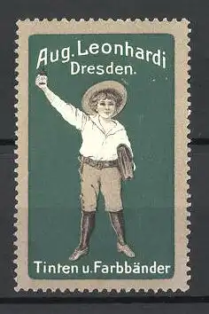 Reklamemarke Tinten und Farbbänder von Aug. Leonhardi, Dresden, Knabe mit Fläschen Tinte und Mappe