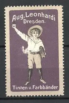Reklamemarke Tinten und Farbbänder von Aug. Leonhardi, Dresden, Knabe mit Fläschen Tinte und Mappe