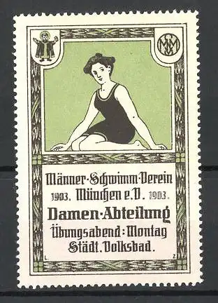 Reklamemarke Männer-Schwimm-Verein München e.V., gegründet 1903, Damen-Abteilung, Schwimmerin im Badeanzug