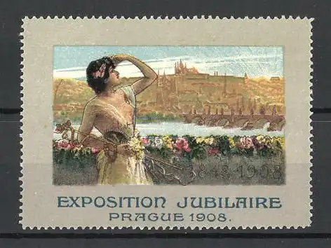 Reklamemarke Prague, Exposition Jubilaire 1908, Fräulein blickt aud die Stadt