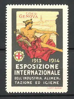 Reklamemarke Genova, Esposizione Internazionale dell'Industria 1913, Hermes liegt auf einem roten Tuch