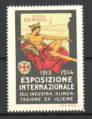 Reklamemarke Genova, Esposizione Internazionale dell'Industria 1913, Hermes liegt auf einem roten Tuch