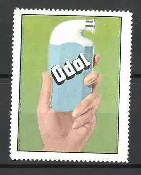 Reklamemarke Odol Mundwasser, Hand hält eine Flasche
