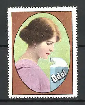Reklamemarke Odol Mundwasser, Damenportrait und Flasche