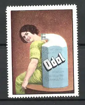 Reklamemarke Odol Mundwasser, Fräulein sitzt mit dem Rücken zur Flasche