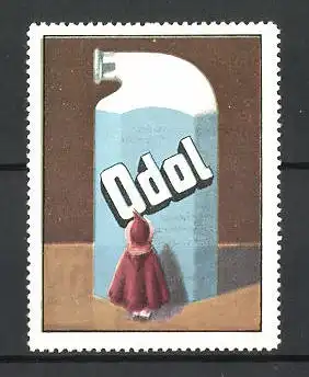 Reklamemarke Odol Mundwasser, kleines Mädchen vor einer grossen Flasche stehend