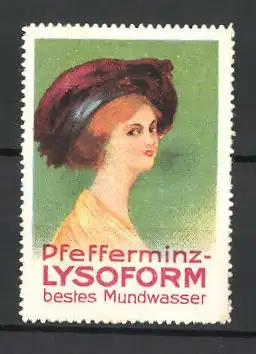 Reklamemarke Pfefferminz-Lysoform ist bestes Mundwasser, Portrait Frau mit Hut