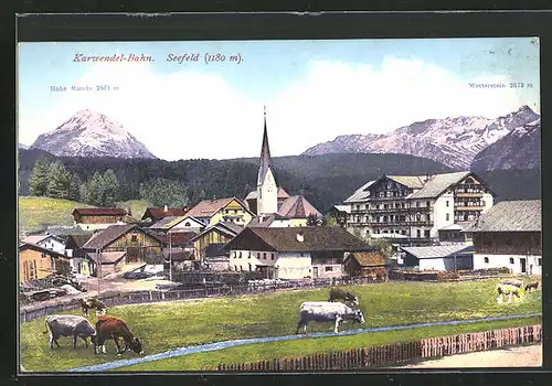 AK Seefeld, Ortsansicht mit den Bergen Hohe Munde und Wetterstein