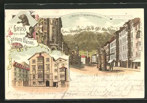 Lithographie Innsbruck, Gasthaus grauer Bär, Maria-Theresienstrasse mit Konditorei und Litfasssäule