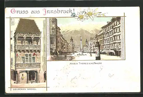 Lithographie Innsbruck, Gasthaus Goldenes Dachel, Maria Theresienstrasse mit Denkmal und Litfasssäule