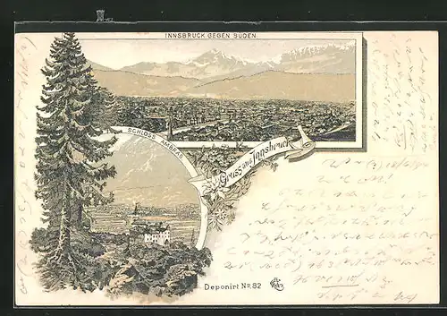 Lithographie Innsbruck, Teilansicht gegen Süden, Schloss Ambras