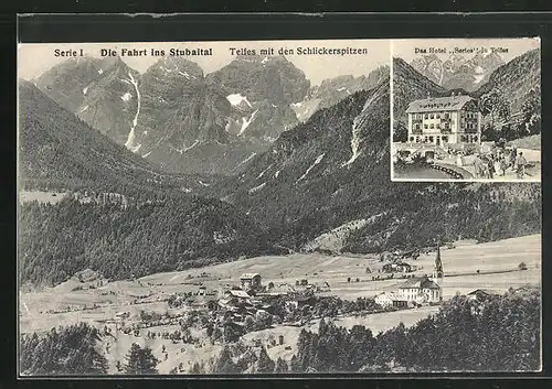 AK Telfes-Stubaital, Hotel Series, Teilansicht mit den Schlickerspitzen