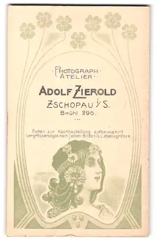Fotografie Adolf Zierold, Zschopau i/S., rück. Frauenbildnis mit Blütenkranz, Jugendstil, vorder. Portrait hübsche Frau