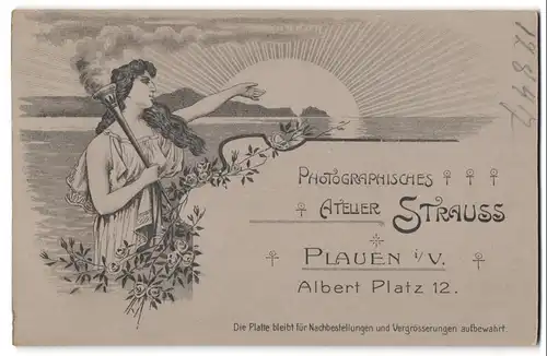 Fotografie Atelier Strauss, Plauen i/V., Albertplatz 12, rück. Frau mit Fackel, Jugenstil, vorder. Frau im schönen Kleid