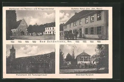 AK Bad Schönfliess, Guhdes Hotel, Marktplatz mit Rathaus, Pulverturm