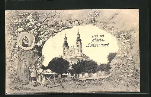 AK Maria-Lanzendorf, Blick zur Wallfahrtskirche