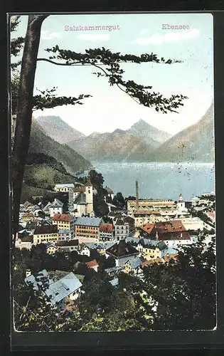 AK Ebensee, Ortsansicht mit Industriegebäude und Kirche