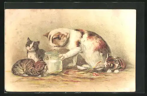 AK Eine Katzenmutter und ihre Kätzchen neben einem Glas Milch