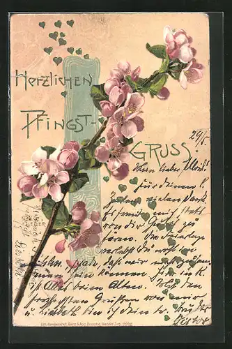 Präge-AK Zweig mit rosafarbenen Blüten, Pfingstgruss, Jugendstil