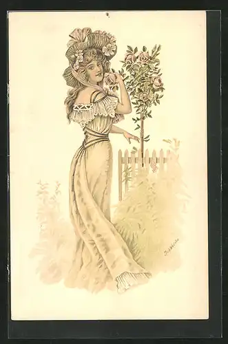 AK Fräulein im langen Kleid mit Hut und Rose, Jugendstil