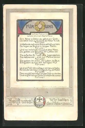 AK Für uns auf den Tod seines Lehrers von einem Obertianer..., Propaganda 1. Weltkrieg