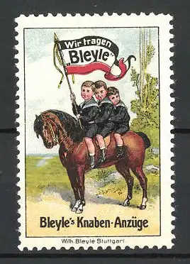 Reklamemarke Bleyle's Knaben-Anzüge, Pfadfinder mit Flagge auf einem Pferd sitzend