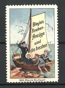 Reklamemarke Bleyle's Knabenanzüge sind die Besten, Buben mit Segelboot