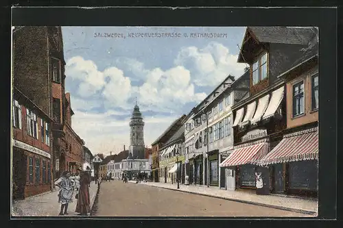 AK Salzwedel, Neuperverstrasse und Rathausturm