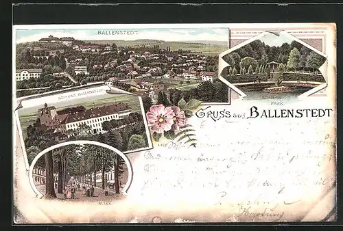 Lithographie Ballenstedt / Harz, Gesamtansicht, Schloss, Allee mit Spaziergängern, Schlosspark mit Weiher